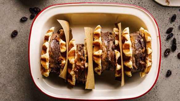 Rum 'n' raisin 'n' rum ball ice-cream sandwiches with mini waffles.