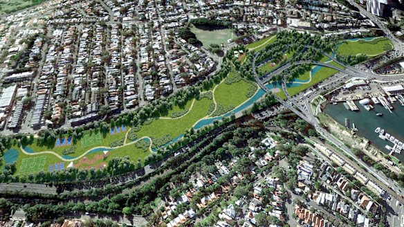 An artist's impression of the parkland planned to cover the existing Rozelle Rail Yards, under which a motorway interchange will be built.