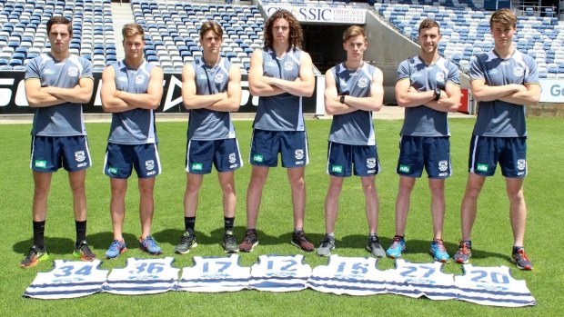 Tom Ruggles (second left) with fellow Geelong 2015 recruits (from left) James Parsons, Jock Cornell, Wylie Buzza, Matthew Hayball, Sam Menegola and Ryan Gardner.