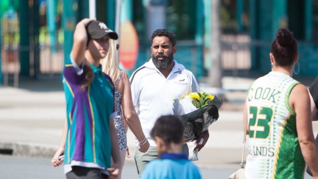 Former NRL star Preston Campbell arrives for the private memorial service at Dreamworld on Friday.