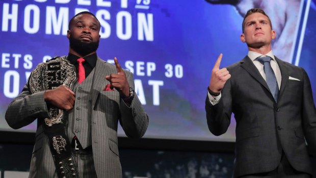 Can UFC welterweight champion Tyron Woodley (left) defend his title from Stephen Thompson?