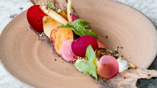 Pickled and baked heirloom carrots, radish, jicama and golden beetroot. 