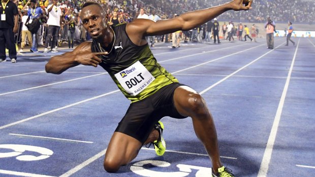 Usain Bolt celebrates after winning the "Salute to a Legend " 100 metres.