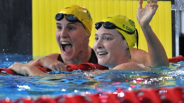 Sister act: Bronte Campbell (L) celebrates with her sister Cate.