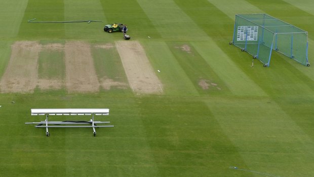 The lights borrowed from police on the ground at Edgbaston before the England training session.