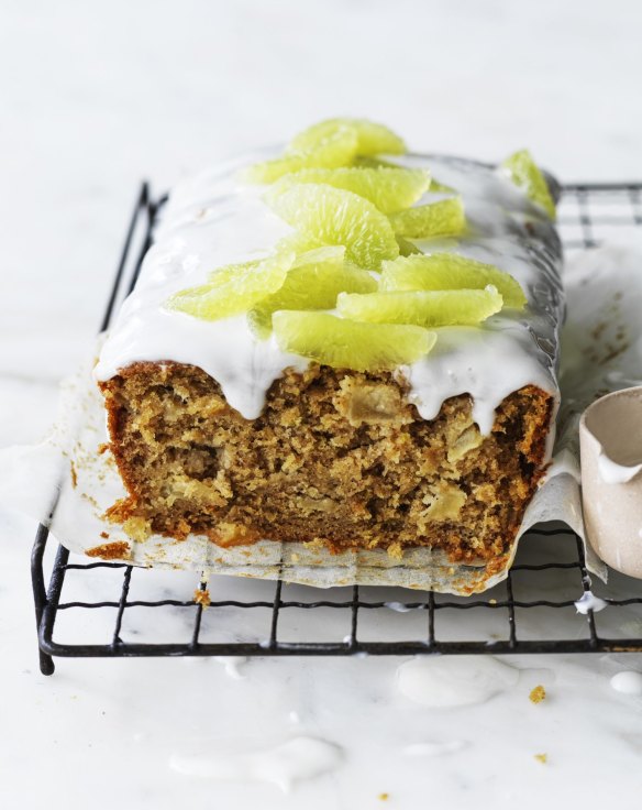 Parsnip, apple and lime loaf cake decorated with 'filleted' lime segments (optional). 