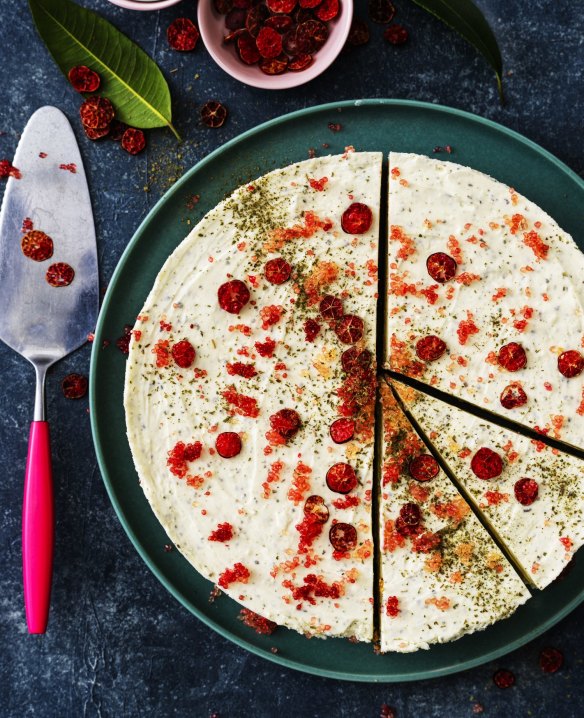 Cheesecake decorated with finger lime slices and "caviar".