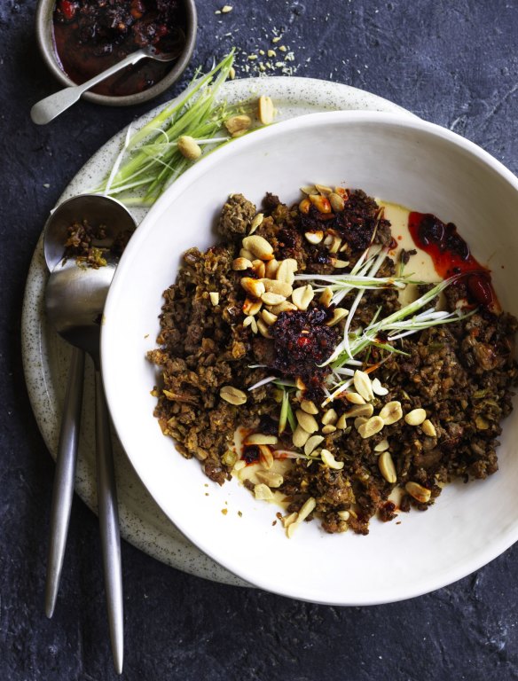 This beef stir-fry is a tasty topping for steamed savoury custard.