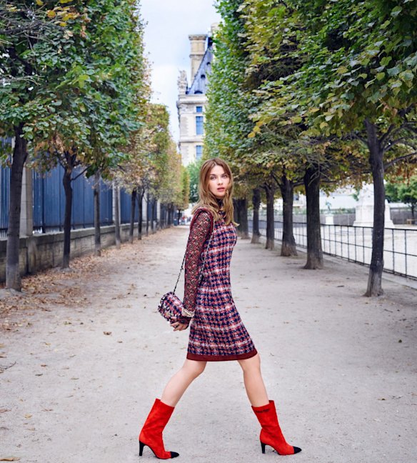 Chanel dress, $5460, lace top, $5400, bag, $7440, bracelets, $1580, and boots, $1920.