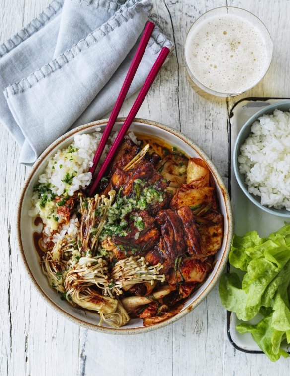 A few of Adam Liaw's favourite things: pork belly, kimchi and garlic butter.