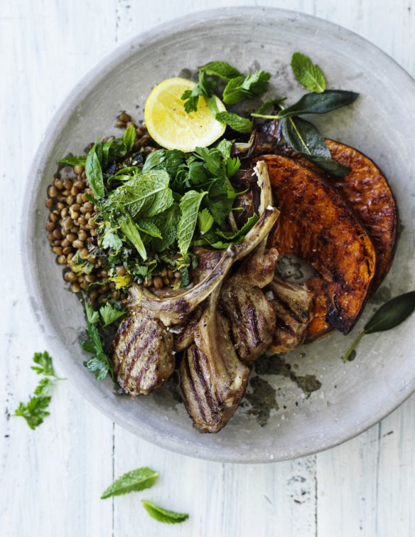 Neil Perry's barbecued lamb chops with roast pumpkin and lentils recipe.