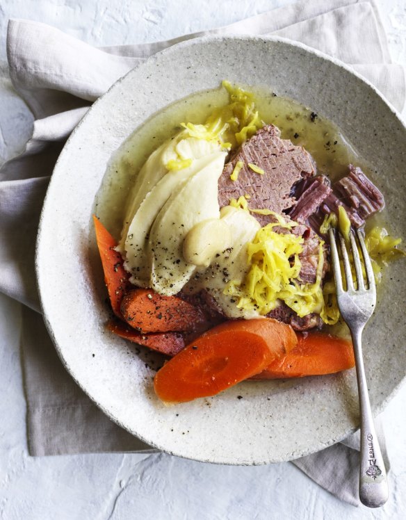 Corned silverside served with boiled carrots, potato puree and creamy mustard sauce.