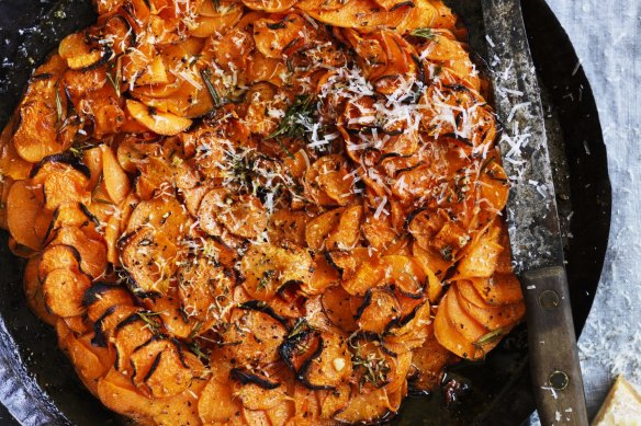 Sweet potato, garlic and rosemary gratin.