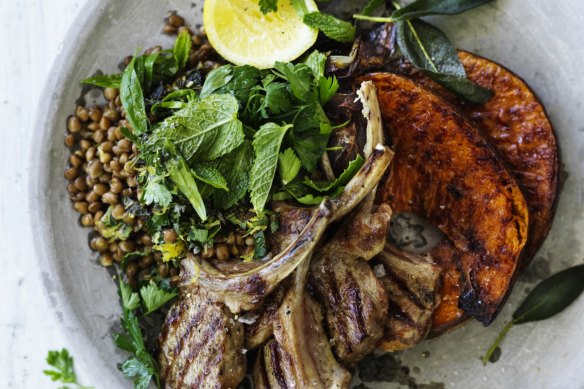 Neil Perry's barbecued lamb chops with roast pumpkin and lentils recipe.
