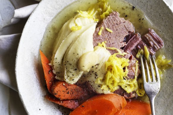 Corned silverside served with boiled carrots, potato puree and creamy mustard sauce.
