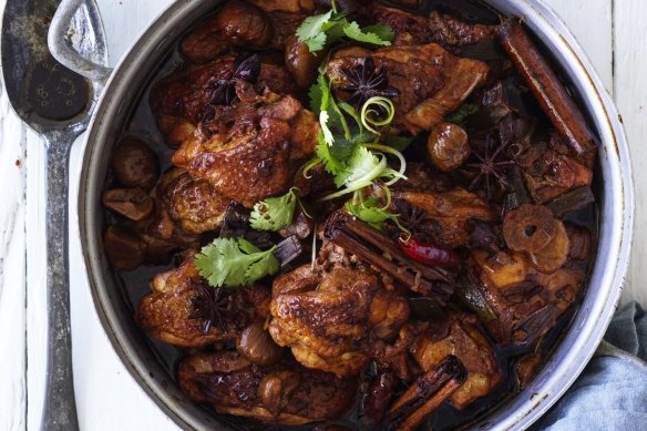 Red braised chicken with dried chestnuts.
