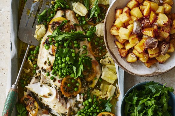 Baked fish with potatoes and peas - all it needs is a side salad.