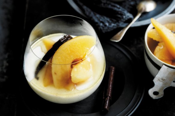 Neil Perry's vanilla buttermilk panna cotta with poached quinces.
