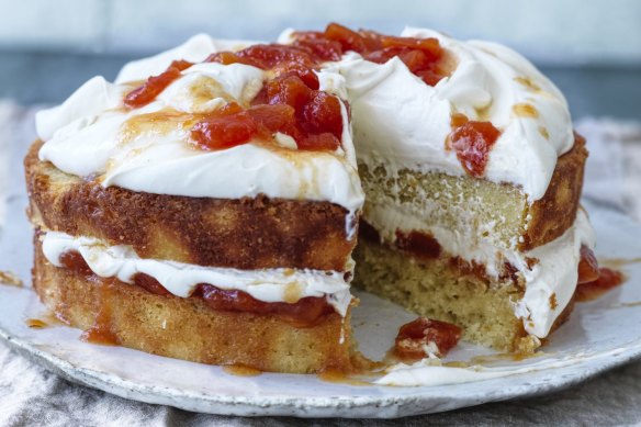 Coconut sponge sandwiched with papaya compote and coconut cream.