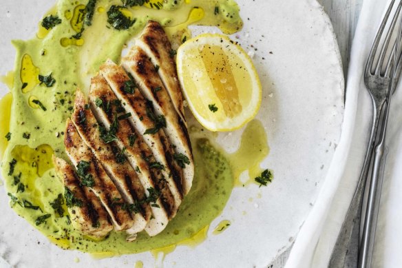 Barbecued chicken breast with asparagus sauce.
