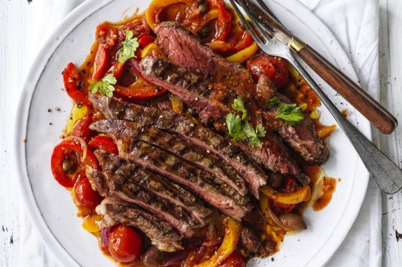 Grilled steak with sweet and sour peperonata.