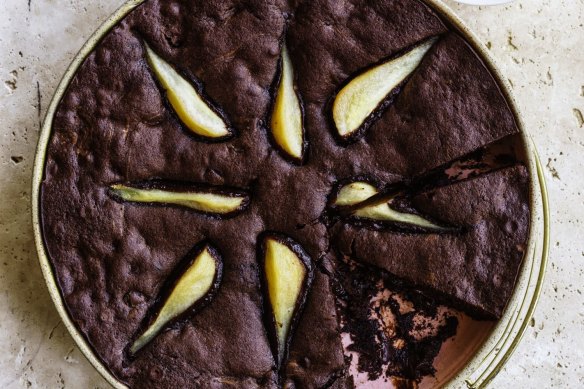 Brownie pudding with poached pears.