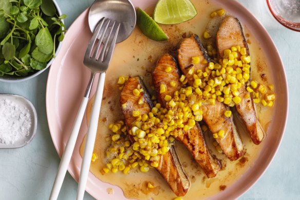 Salmon fillets with buttered garlic corn.