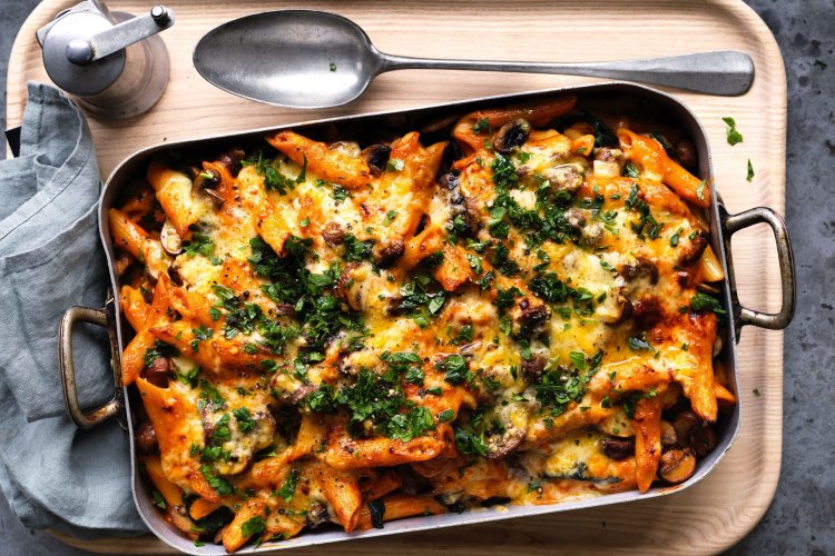 Adam Liaw's mushroom and spinach stroganoff pasta bake.