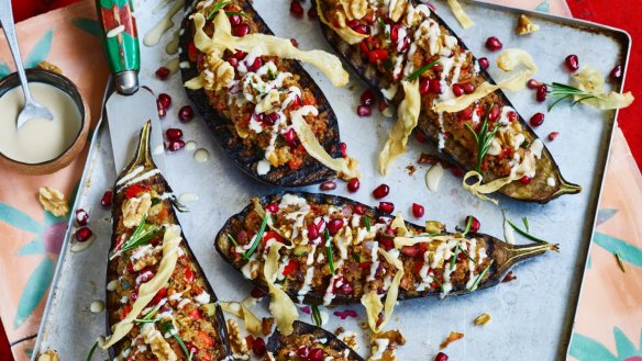 Eggplant platter with optional parsnip crisps.