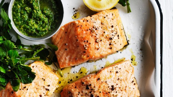 Roast salmon with macadamia and rocket pesto.