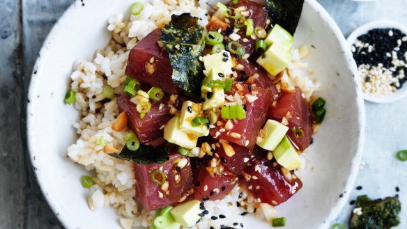 Tuna, nori and avocado poke bowls.