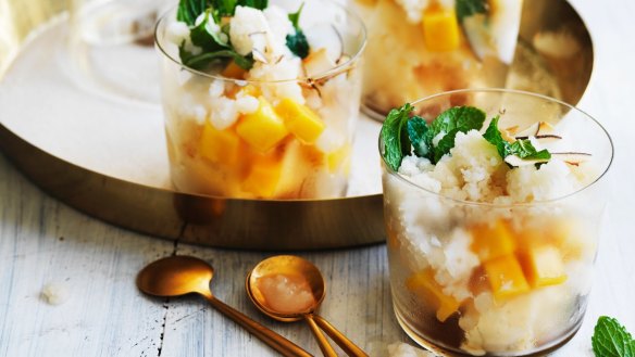 Island Holiday dessert: mangoes with lychee granita.