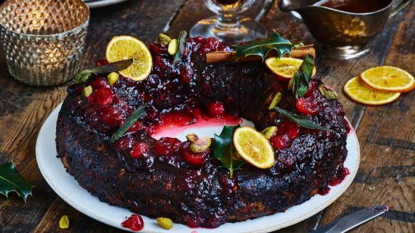 Nut roast wreath with homemade cranberry sauce.