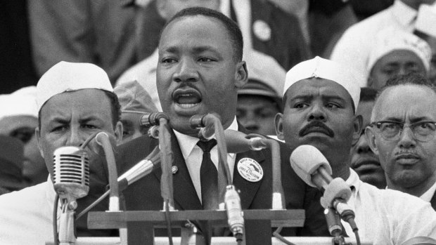  Dr. Martin Luther King Jr. addresses marchers during his "I Have a Dream" speech at the Lincoln Memorial in Washington on August 28, 1963.