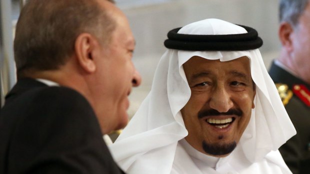 Turkish President Recep Tayyip Erdogan, left, meets with Saudi King Salman, in Jiddah, Saudi Arabia, on Sunday.