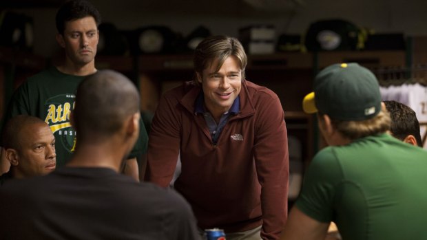 Brad Pitt plays Billy Beane, the general manager of the Oakland A's baseball team, in the 2011 movie <i>Moneyball</i>.