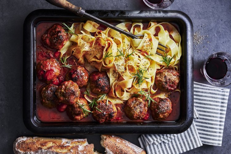 Beef, ricotta and rosemary meatball tray bake. 