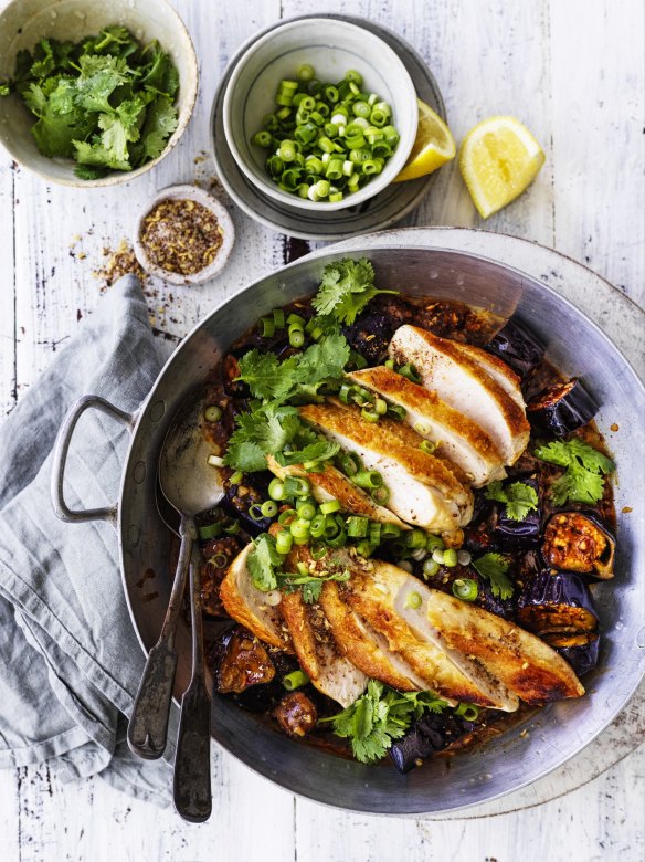 Serve this fish-fragrant eggplant with sliced chicken breast, pictured, or other protein.