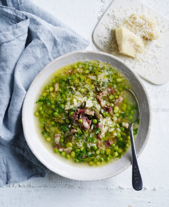 Think of this spring vegetable minestra as a cross between soup and risotto.