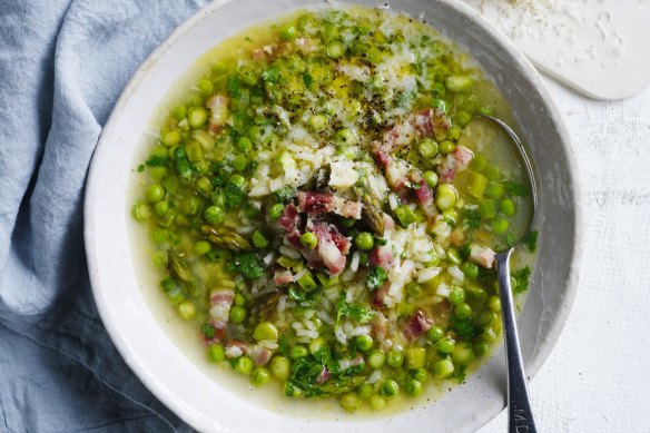 Think of this spring vegetable minestra as a cross between soup and risotto.