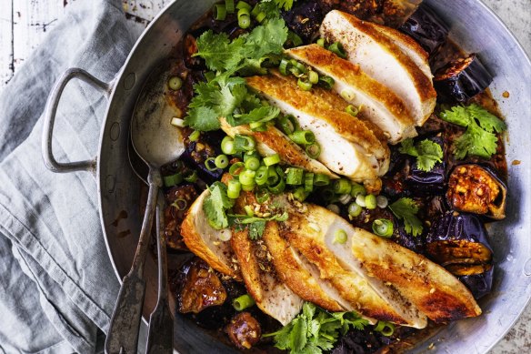 Serve this fish-fragrant eggplant with sliced chicken breast, pictured, or other protein.