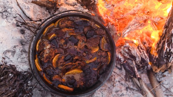 Chocolate orange hot cross bun bread and butter pudding image for Homecamp camping cooking hacks for Good Food Easter 2018. Please credit Luisa Brimble