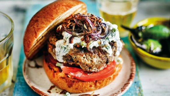 Anjum Anand's 'best-ever' spiced beef burger with crispy onions.