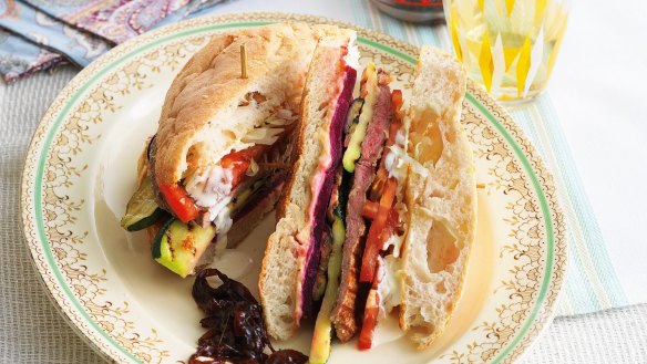 Steak sandwich with charred veg and hummus.