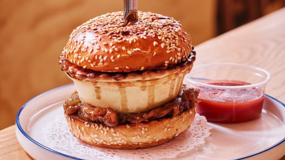 The Tradie Slammer: a mince beef pie nestled in a brioche bun with housemade chutney.