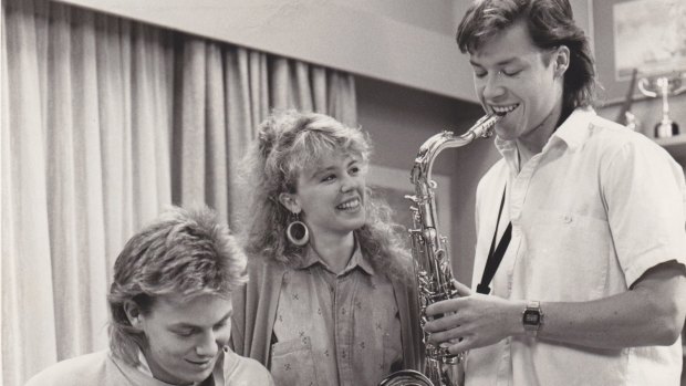 Jason Donovan, Kylie Minogue and Guy Pearce on the set of Neighbours in the 1980s.