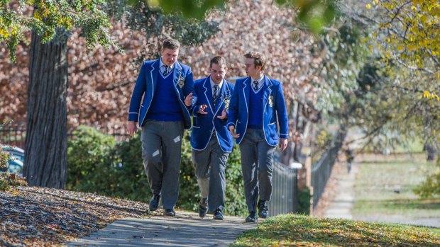 St Edmunds College student John-Paul Romano (centre) was suspending for trying to organise the student protest. His fellow Year 12 students Daniel Elix (left) and Jeremy Colbertaldo, say they supported John-Paul but were not suspended.