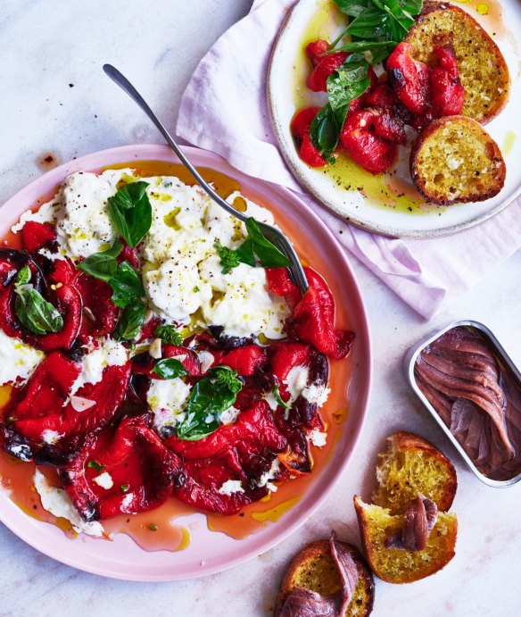 Roasted capsicums served with creamy stracciatella cheese, grilled bread and anchovies.