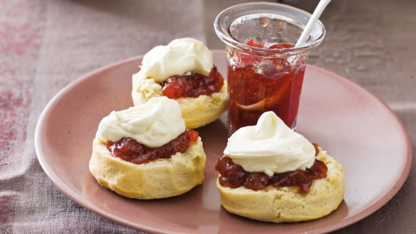 Scones with jam and cream <a href="https://www.goodfood.com.au/recipes/scones-20130725-2qlvn"><b>(Recipe here)</b></a>. Are you team jam first, or cream?