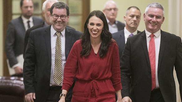 Prime Minister-elect Jacinda Ardern arrives at her media conference after it was announced Winston Peters was forming a government with Labour and the Greens.